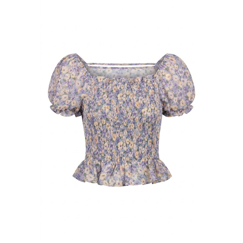 IRIS Purple Floral Smocked Puff Sleeve Crop Top Square Neck‎ Ruffle Hem Small
